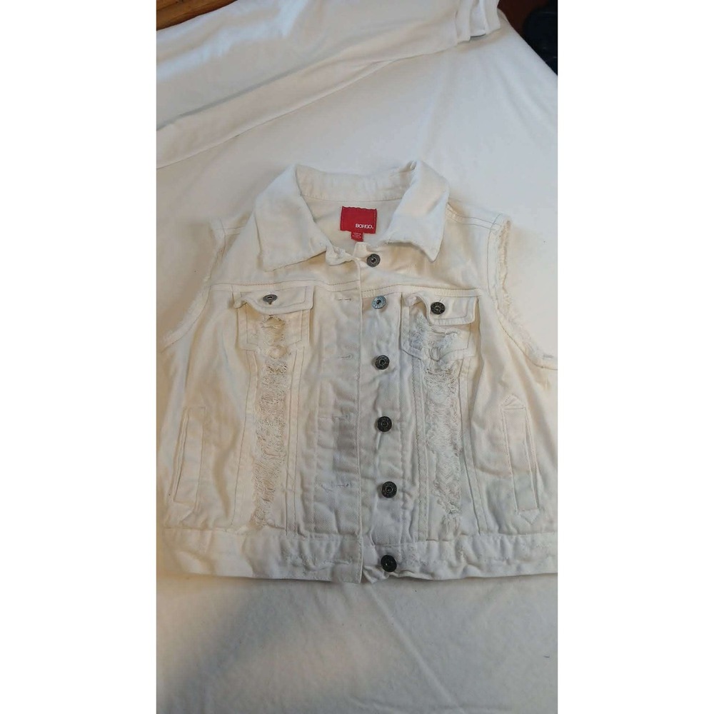 Bongo Womens Distressed White Denim Jean Vest Sleeveless Jacket Medium Y2K Edgy